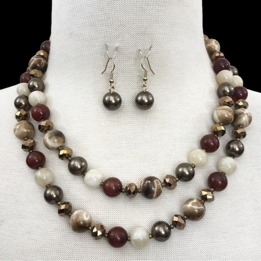 2 Row Layered Bead Brown Tones Necklace Earrings Set